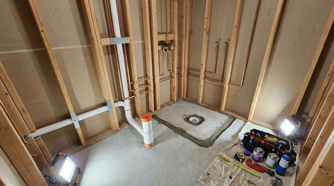 Bathroom rough-in plumbing during remodel by Johns Plumbing LLC in Collingswood