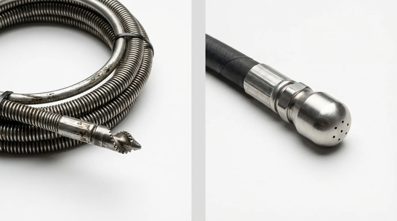 Drain snake cable and hydro jetting nozzle used for drain cleaning in Collingswood, NJ