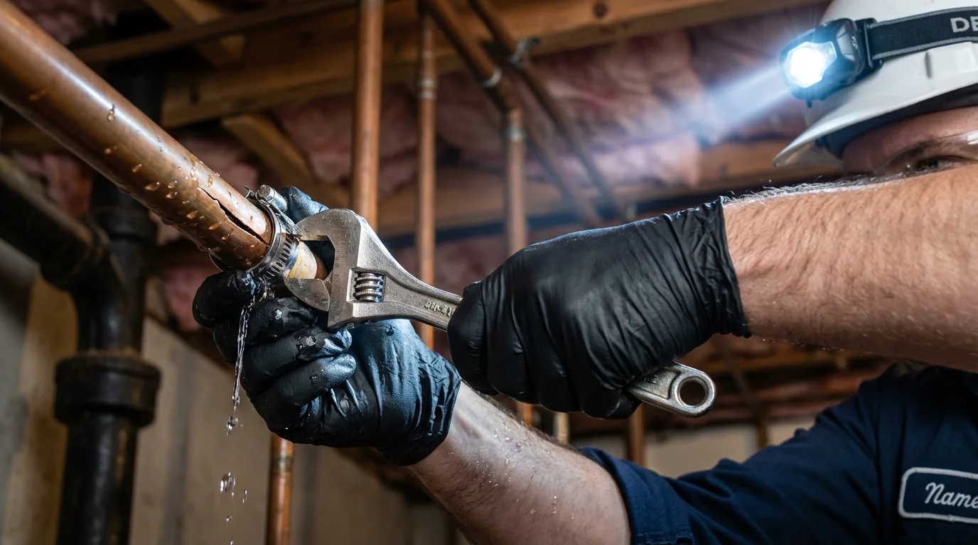 Emergency pipe clamp repair being performed by a Johns Plumbing LLC plumber in Collingswood