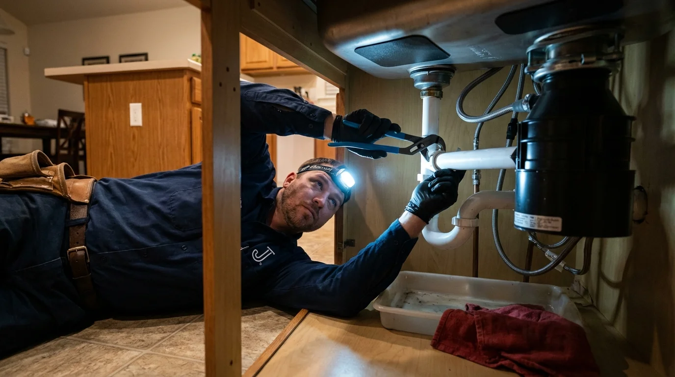 P-trap and supply line connections under a kitchen sink showing a common leak point in Collingswood, NJ